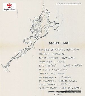 Contour map for Mann Lake, Ontario